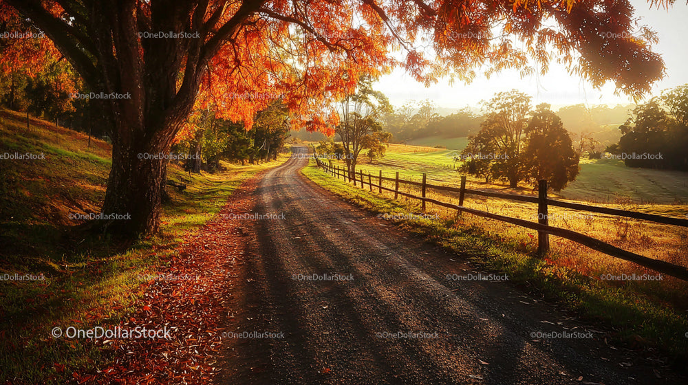 Autumn Road with Vibrant Foliage and Morning Sunlight