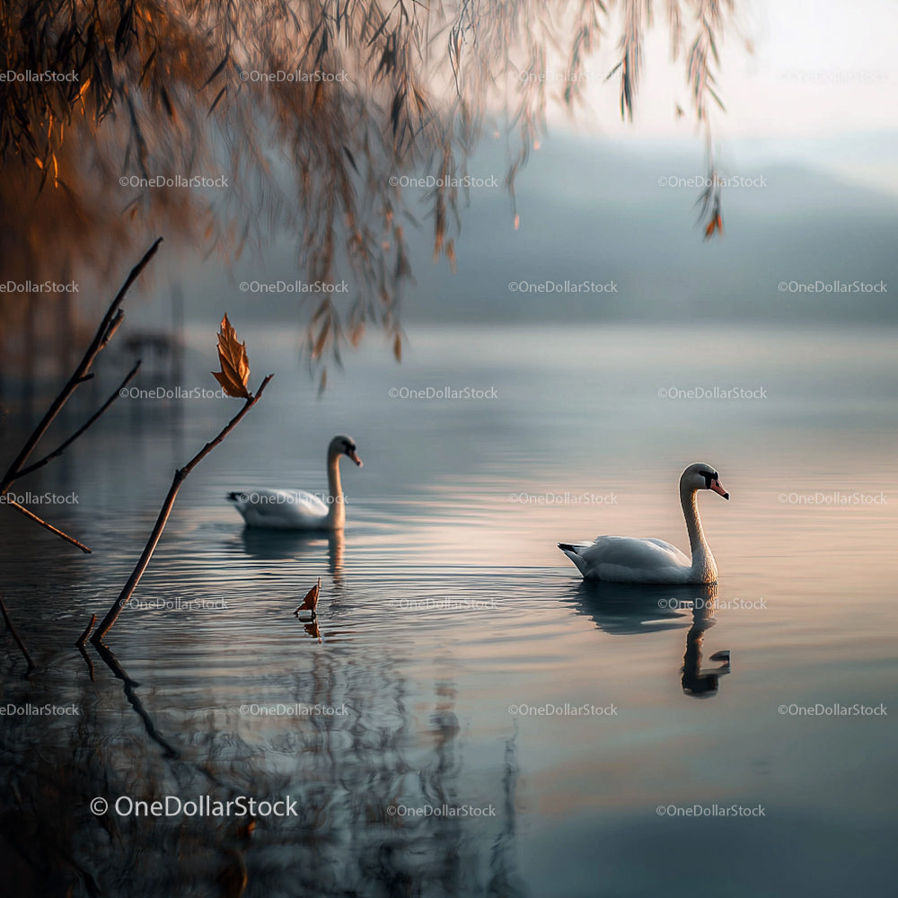 Graceful Swans Gliding on a Serene Lake at Sunset