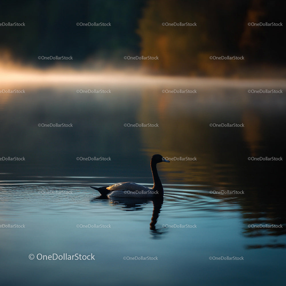 Duck Gliding on Misty Lake at Sunrise
