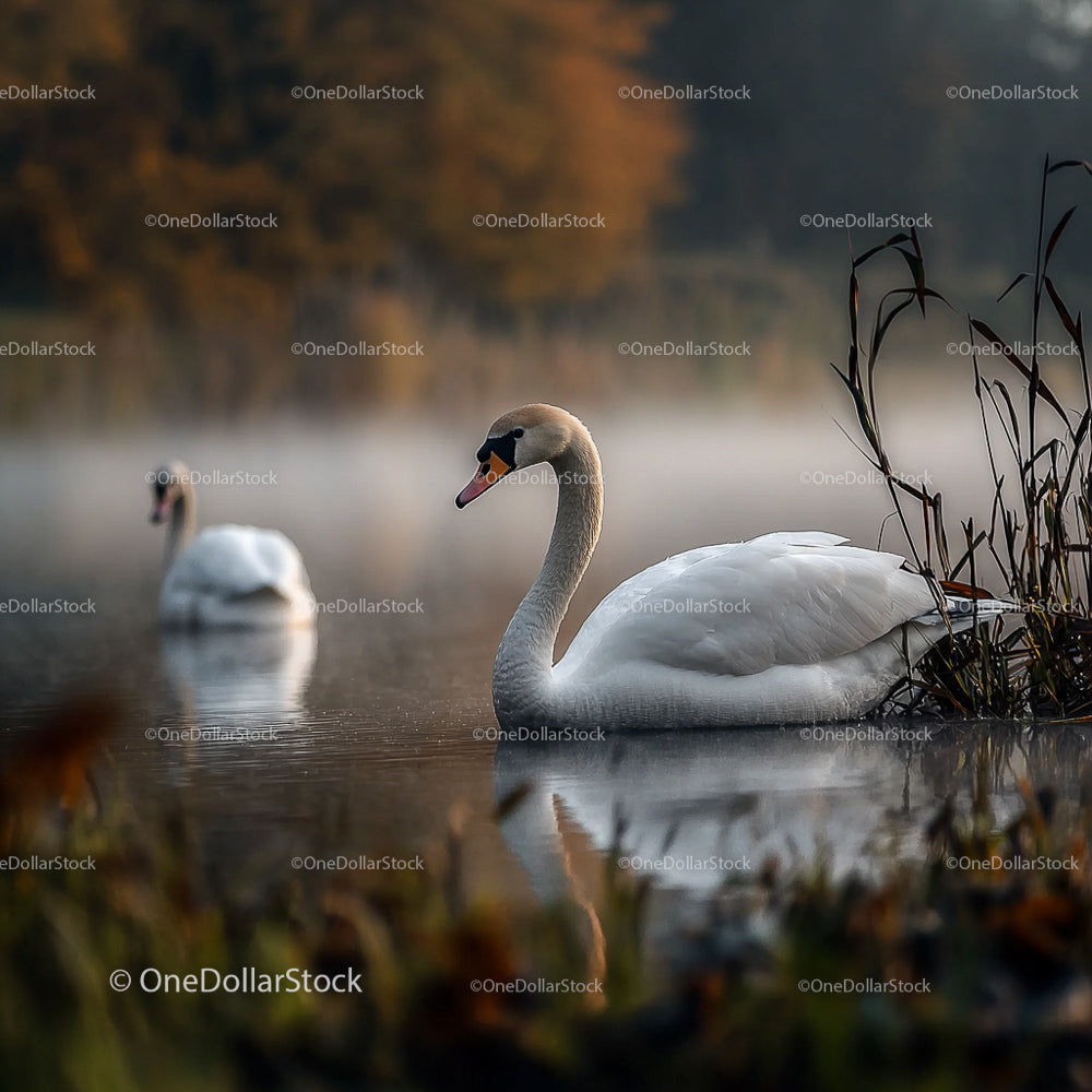 Elegant Swans in Misty Autumn Lake Scenery
