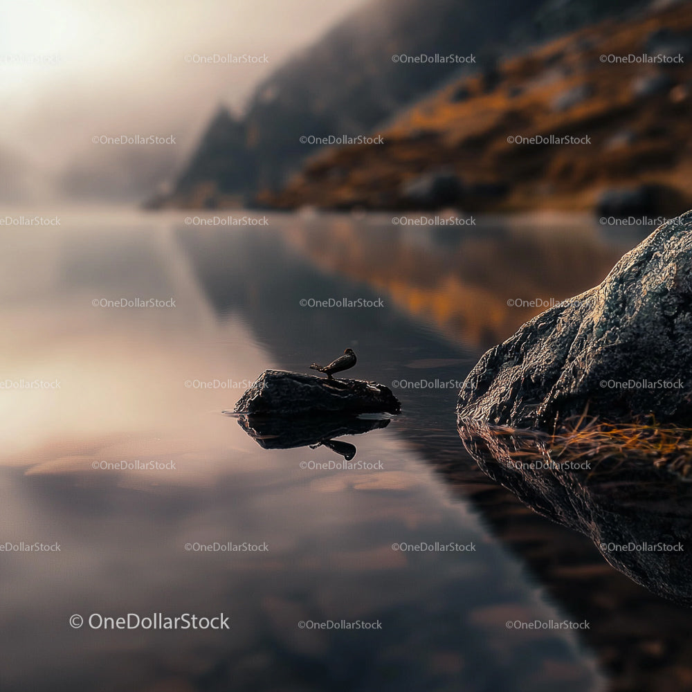 Calm Lake with Misty Mountains and Reflections