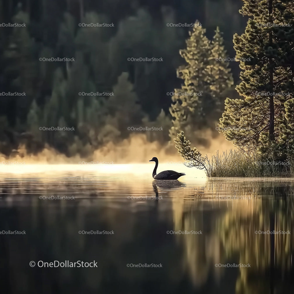 Goose Gliding in a Misty Lake at Dawn