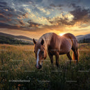 Horse Grazing in a Field During a Golden Sunset