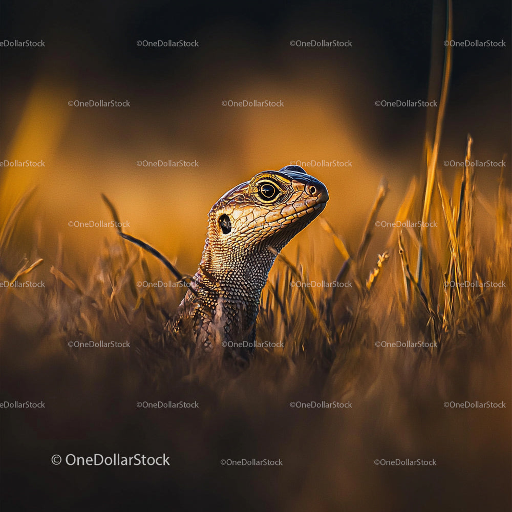 Curious Lizard Amongst Golden Grass at Sunset