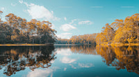 Golden Autumn Forest Reflected in Tranquil Lake Water