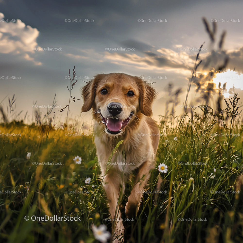 Golden Retriever Frolicking in a Sunset Field