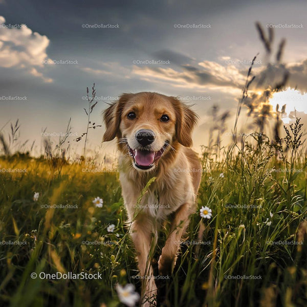 Golden Retriever Bawiący się na Polu o Zachodzie Słońca