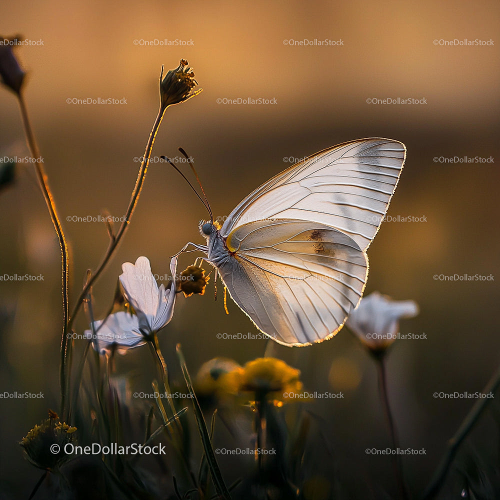 White Butterfly on Wildflowers in Soft Evening Glow