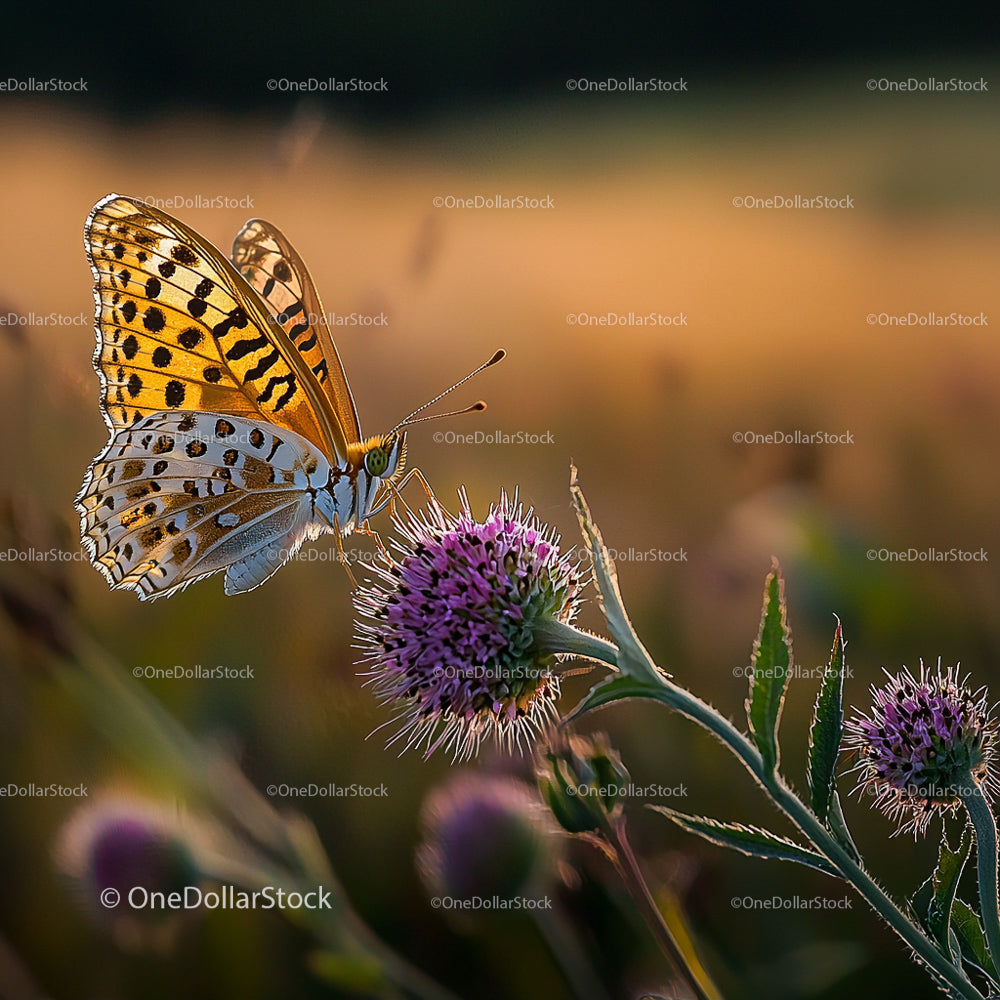 Butterfly on Thistle in Warm Sunset Light