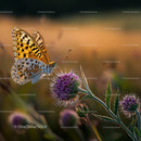 Butterfly on Thistle in Warm Sunset Light