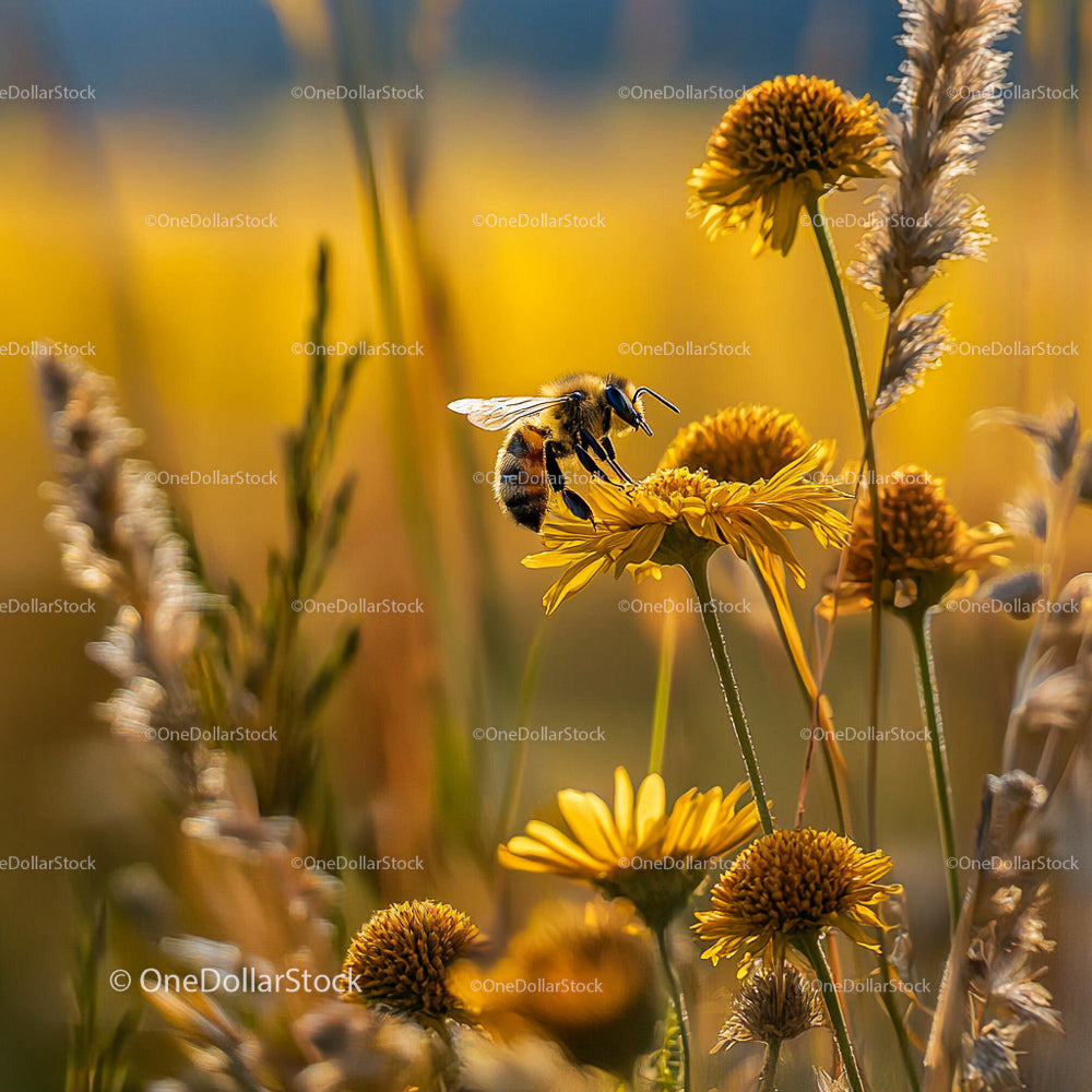 Honeybee Collecting Nectar on Yellow Wildflowers