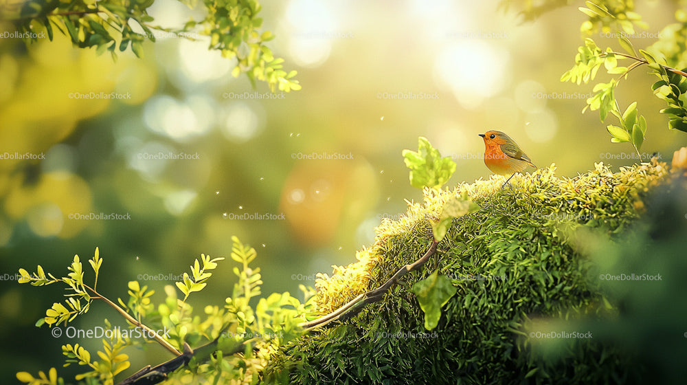 Robin Perched on Moss in Sun-Dappled Forest