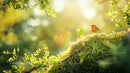 Robin Perched on Moss in Sun-Dappled Forest