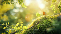 Robin Perched on Moss in Sun-Dappled Forest