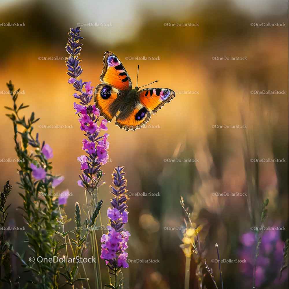 Peacock Butterfly Resting on Purple Wildflowers