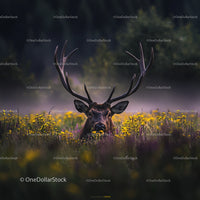 Majestic Stag with Antlers in Lush Meadow of Yellow Flowers
