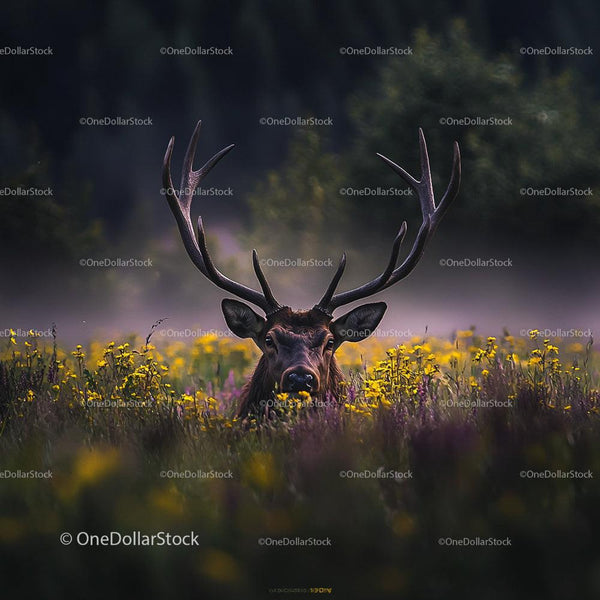 Majestic Stag with Antlers in Lush Meadow of Yellow Flowers