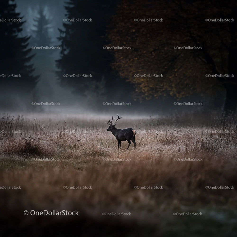 Deer Standing in Misty Forest Clearing at Dawn
