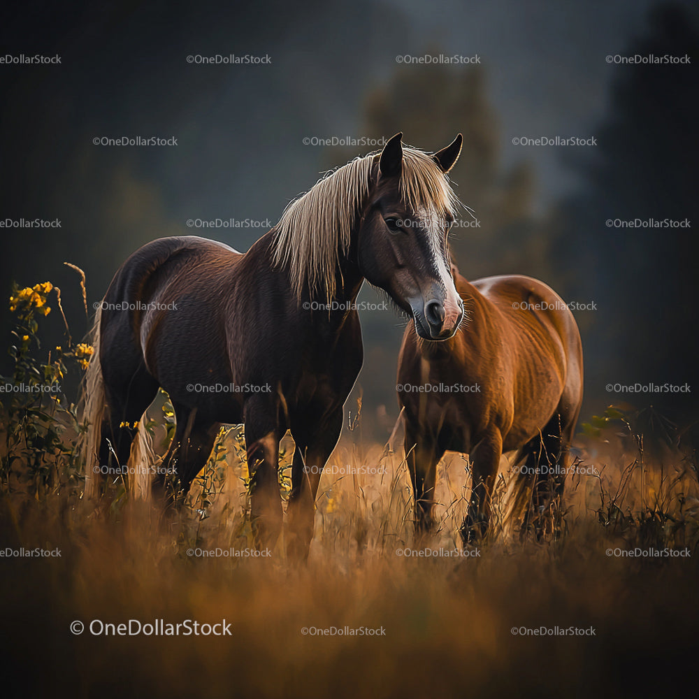 Majestic Horses Grazing in Sunlit Meadow