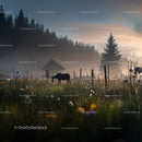 Horse Silhouette in Misty Meadow at Sunrise