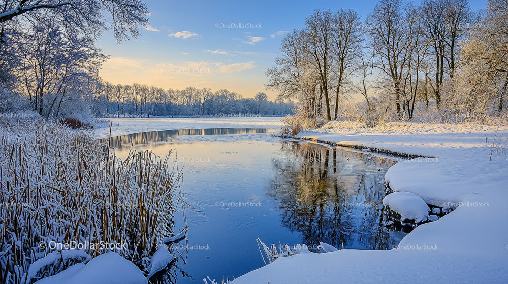 Snowy Riverbank at Sunset with Reflections in Winter Landscape