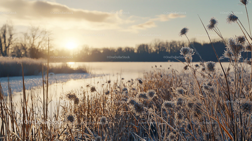Frosty Reeds at Sunrise Over a Tranquil Winter Lake