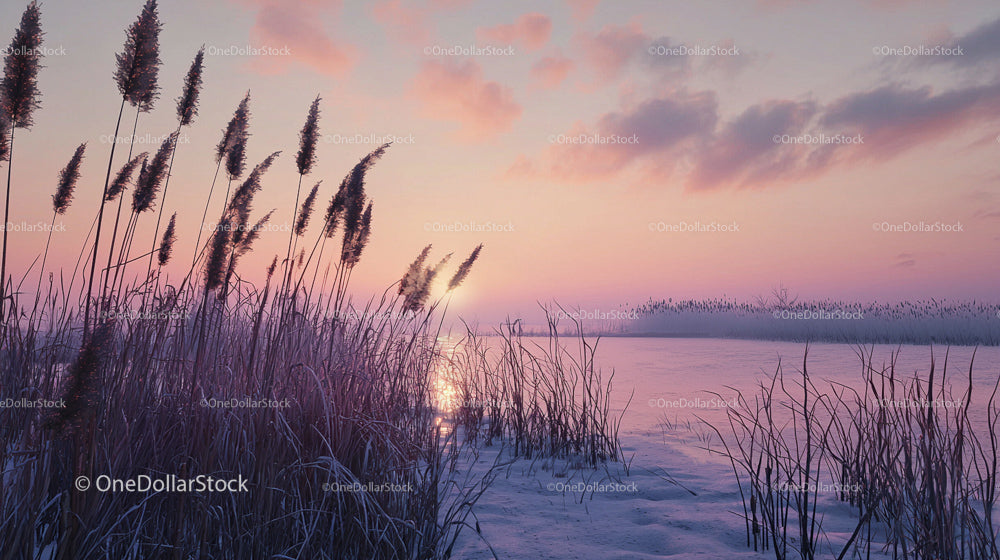 Tranquil Winter Sunset Over Frozen Lake with Reeds