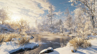 Peaceful Winter Landscape with Glistening River and Snowy Trees