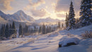 Peaceful Winter Landscape with Snowy Mountains and Pine Trees