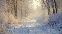 Serene Snowy Path Through Frosty Winter Forest at Sunrise