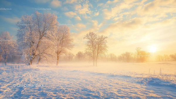 Scenic Winter Sunrise Over Frosty Trees and Snowy Field
