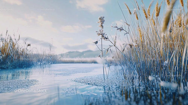 Golden Reeds by a Frozen Lake on a Crisp Winter Morning