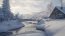 Snowy Village with Log Cabins and Frozen River in Winter
