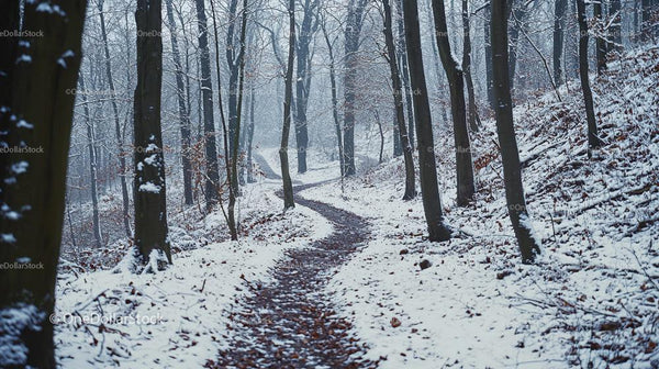 Snowy Forest Path Through Serene Winter Woods