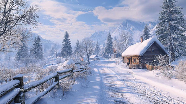Scenic Winter Cabin in Snowy Mountain Landscape
