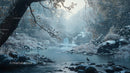 Serene Winter Forest with Snowy River and Waterfall