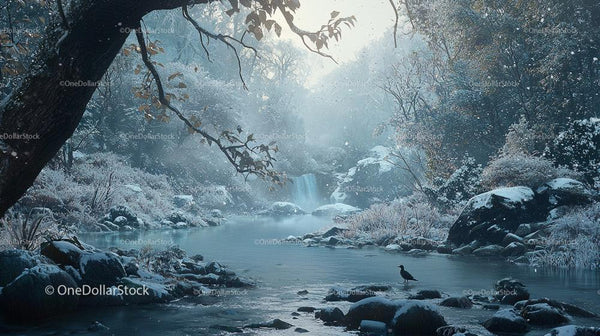 Serene Winter Forest with Snowy River and Waterfall