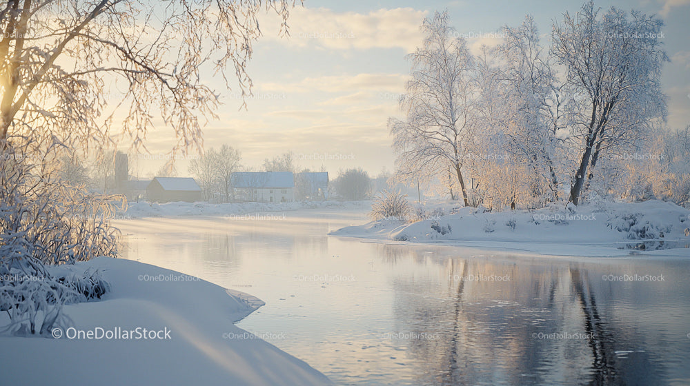 Tranquil Snowy River Landscape with Winter Trees