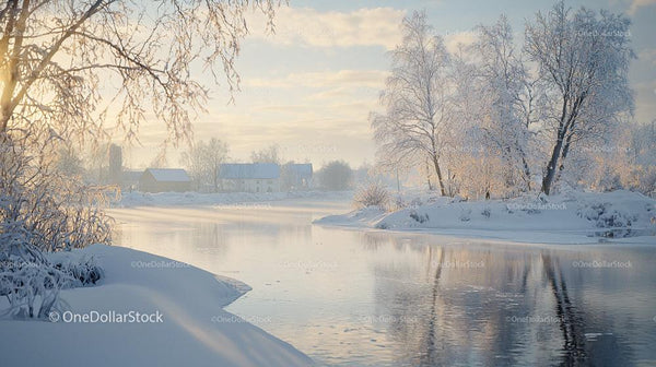 Tranquil Snowy River Landscape with Winter Trees