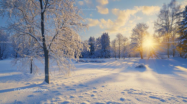 Serene Winter Landscape with Frosty Trees at Sunrise