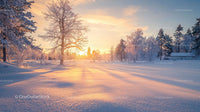 Sunset Over Snow-Covered Landscape with Bare Trees