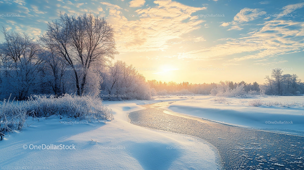 Frozen River at Sunrise with Snow-Covered Trees
