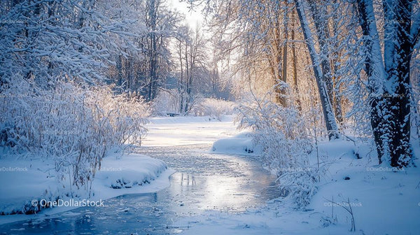 Frozen Stream Winding Through a Snowy Winter Forest