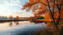 Serene Autumn River Landscape with Vibrant Orange Foliage