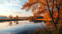 Serene Autumn River Landscape with Vibrant Orange Foliage