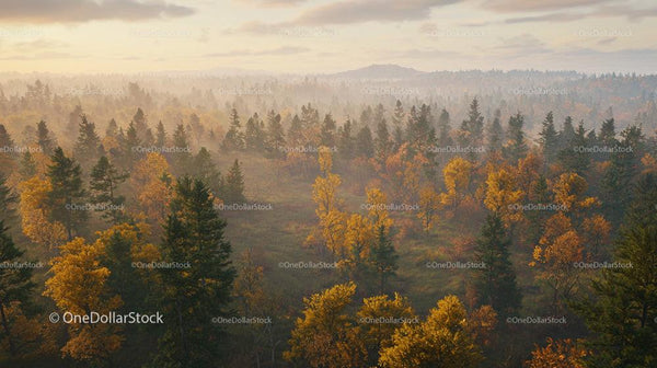 Misty Autumn Forest with Vibrant Foliage at Sunrise