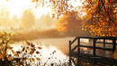 Scenic Autumn Lake with Golden Foliage and Wooden Dock