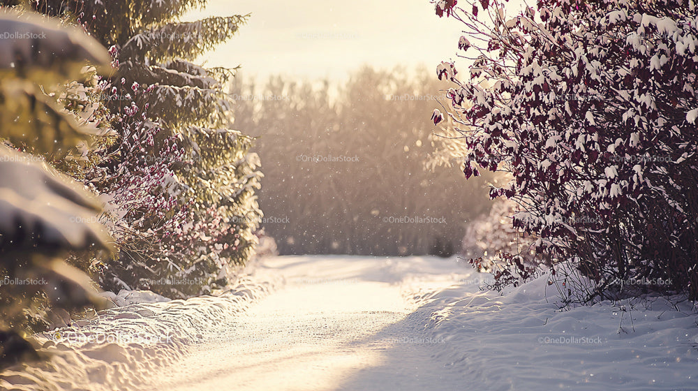 Snowy Pathway Through Winter Forest in Morning Light
