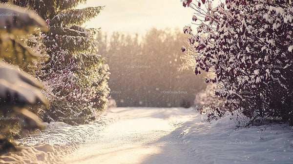 Snowy Pathway Through Winter Forest in Morning Light