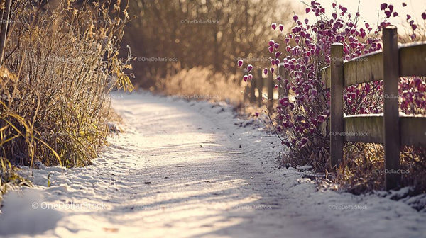 Scenic Snowy Path Lined with Purple Thistles and Wooden Fence
